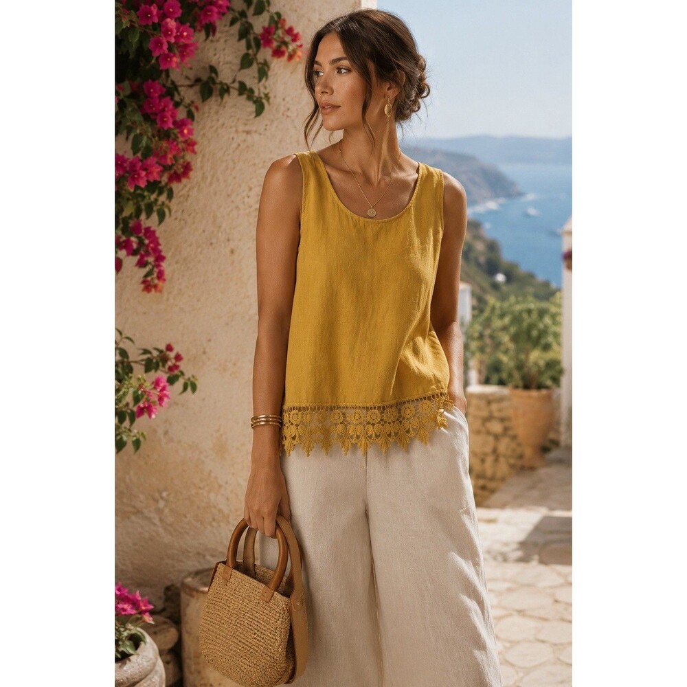 Terzo Millennio Made in Italy 100% Linen Mustard Crochet Hem Sleeveless Top L